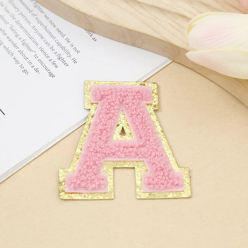 1Pc Pink Embroider Fabric Fashionable Gold Edge a Letter Patch Stickers Handmade Skirt Jacket Clothing Accessories Sewing Supplies