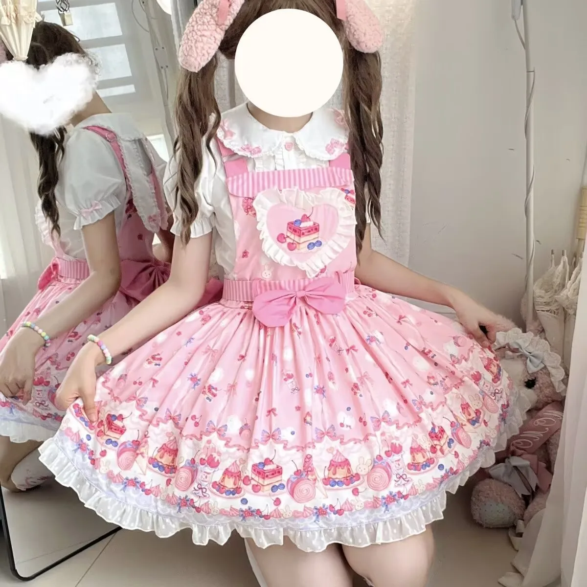 

Vintage Lolita Summer Dress Women Cute Lace Ruffles Cartoon Cake Print Bow Strap Dress Kawaii Sweet Tea Party Princess Y2k Dress