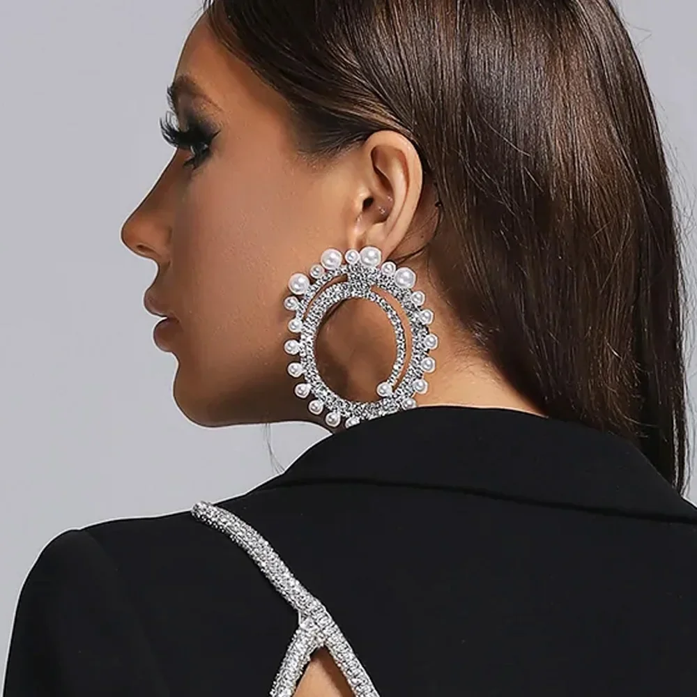 Exaggerated Pearl Double Crystal Hoop Earrings Wedding for Women Fashion Rhinestone Large Stud Earring Drag Queen Jewelry Gift