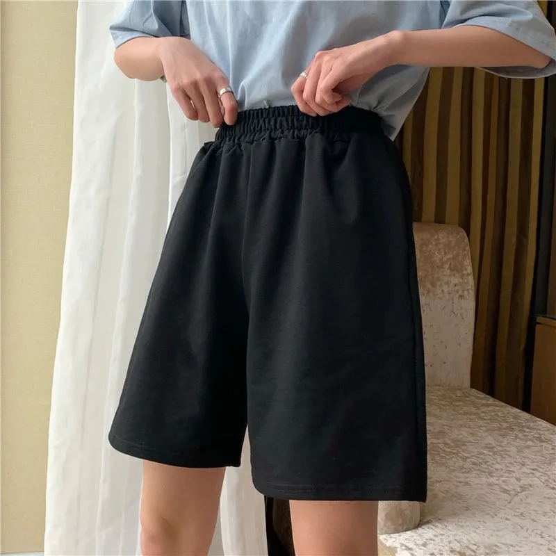 Summer Gray Shorts Women Fashion Ladies Elastic Waists Shorts Female High Waist Streetwear Wide-leg Oversize Simple Unisex Short