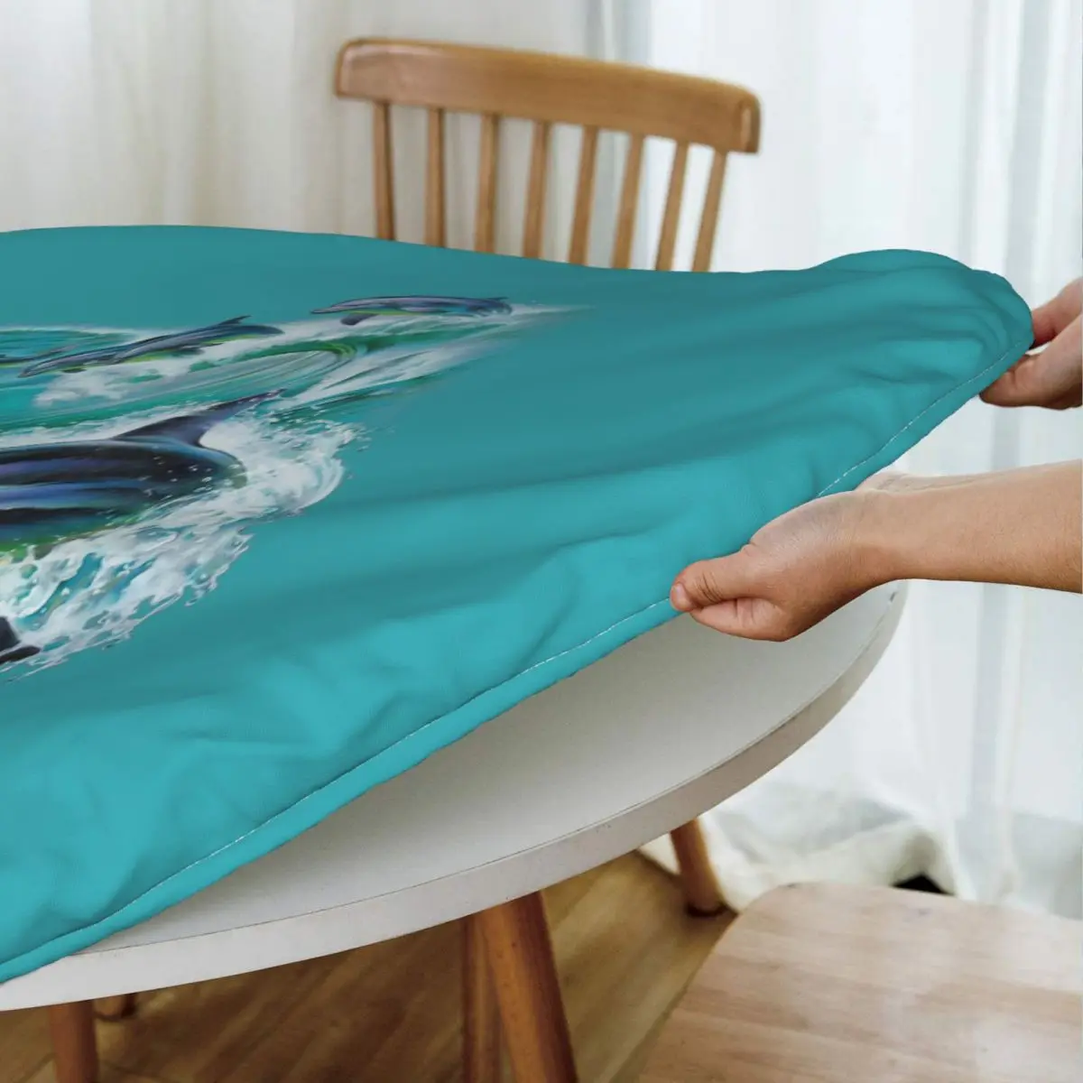 Dolphins Catching Waves Waterproof Round Tablecloth Oilproof Table Cloth for Kitchen Events Dining Table Cover