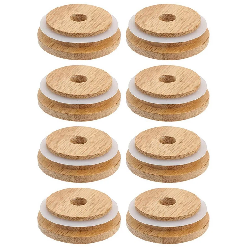 4X Reusable Bamboo Jar Lids 70MM Bamboo Mason Jar Lids With Straw Hole For Wide Mouth Mason Jar