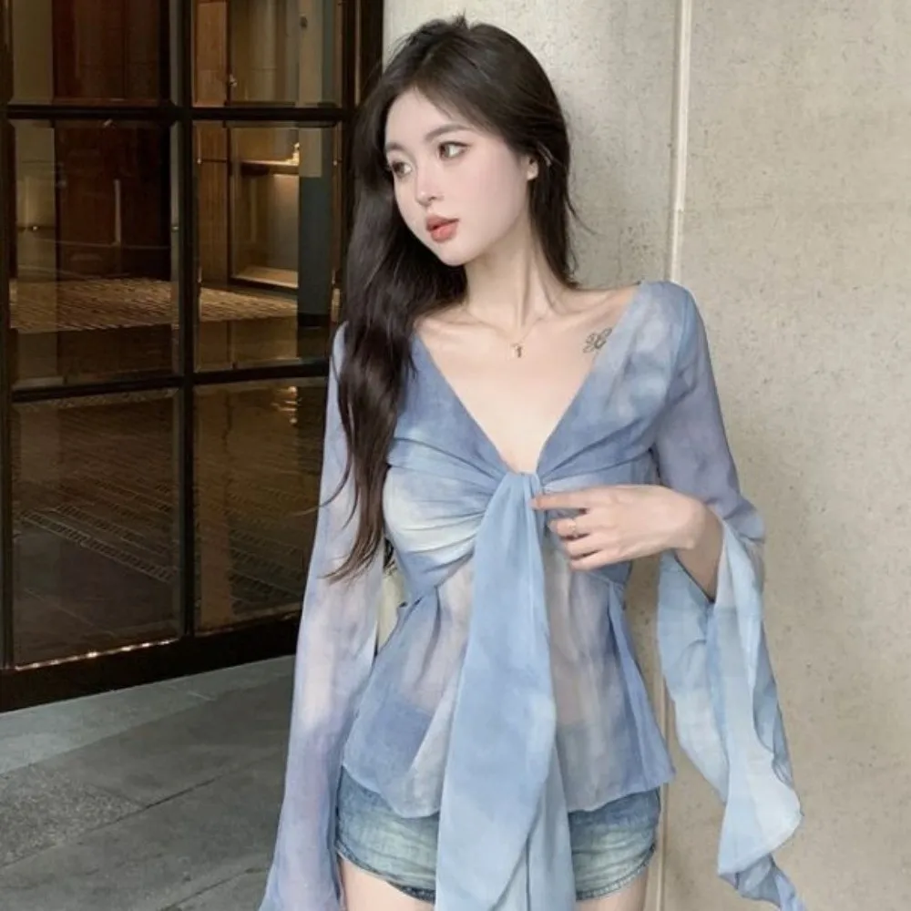 Уличная футболка с сетчатым поясом в виде медузы, эльфийская футболка с длинными рукавами и плиссированным воротником, облегающие укороченные топы, корейские прозрачные Y2K Ins