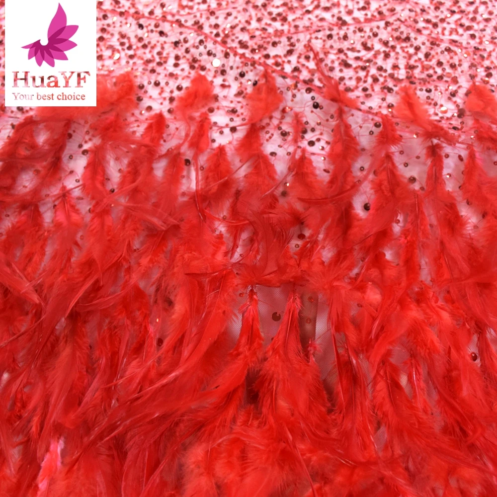 Fashion High-end Red Feather Tulle Lace Shiny Crystal Sequins Net Embroidery Beads Fabric For 1 Yard HY1339