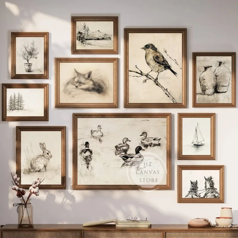Peinture sur toile 2D, affiche d'art vintage avec des canards, des lapins et des arbres, impression sur toile, style Cottagecore, neutre, antique, tableau mural