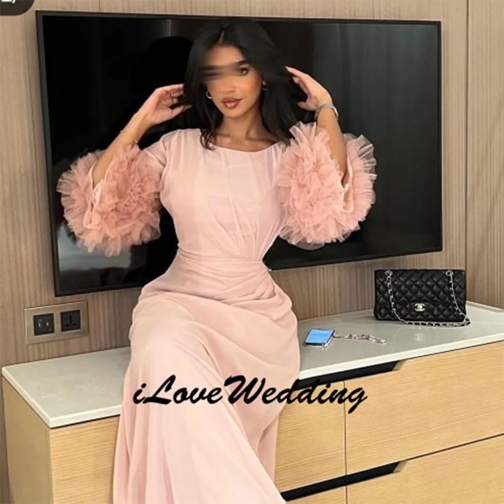 

Customized 2025 Charming Pink Chiffon Evening Dress Soft O-Neck Homecoming Dresses Modern Sweep Train Special Occasion Gowns