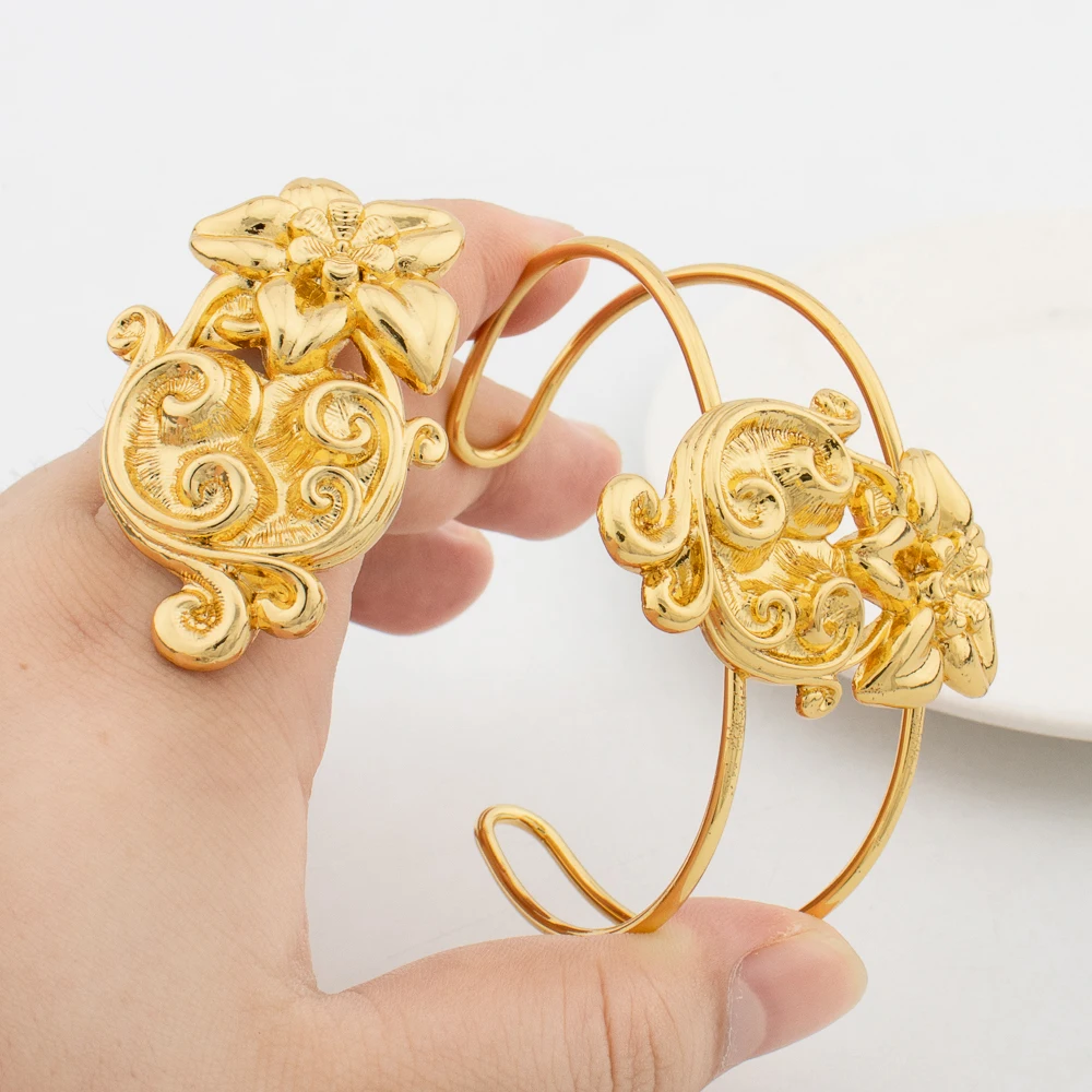 

YM Luxury Cuff Bangle Ring Dubai Gold Color Bracelet Adjustable Ring Jewelry Sets For Women African Wedding Jewelry Accessories