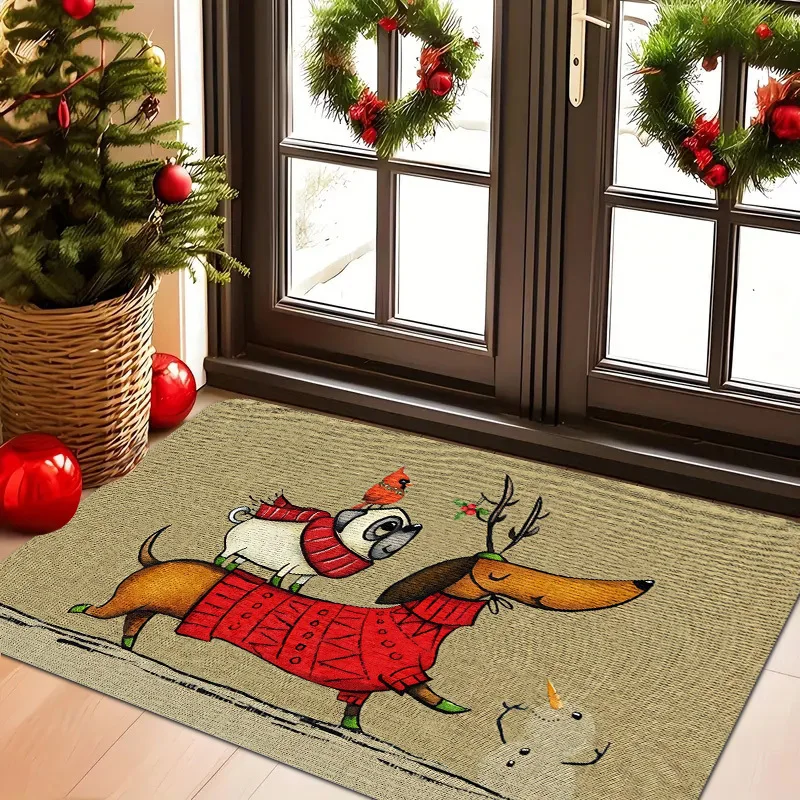Cute Christmas Dog Flannel Doormat Dachshund Pug in Sweater Cardinal Bird Snowman Anti‑Slip Home Entrance Holiday Decor Rug