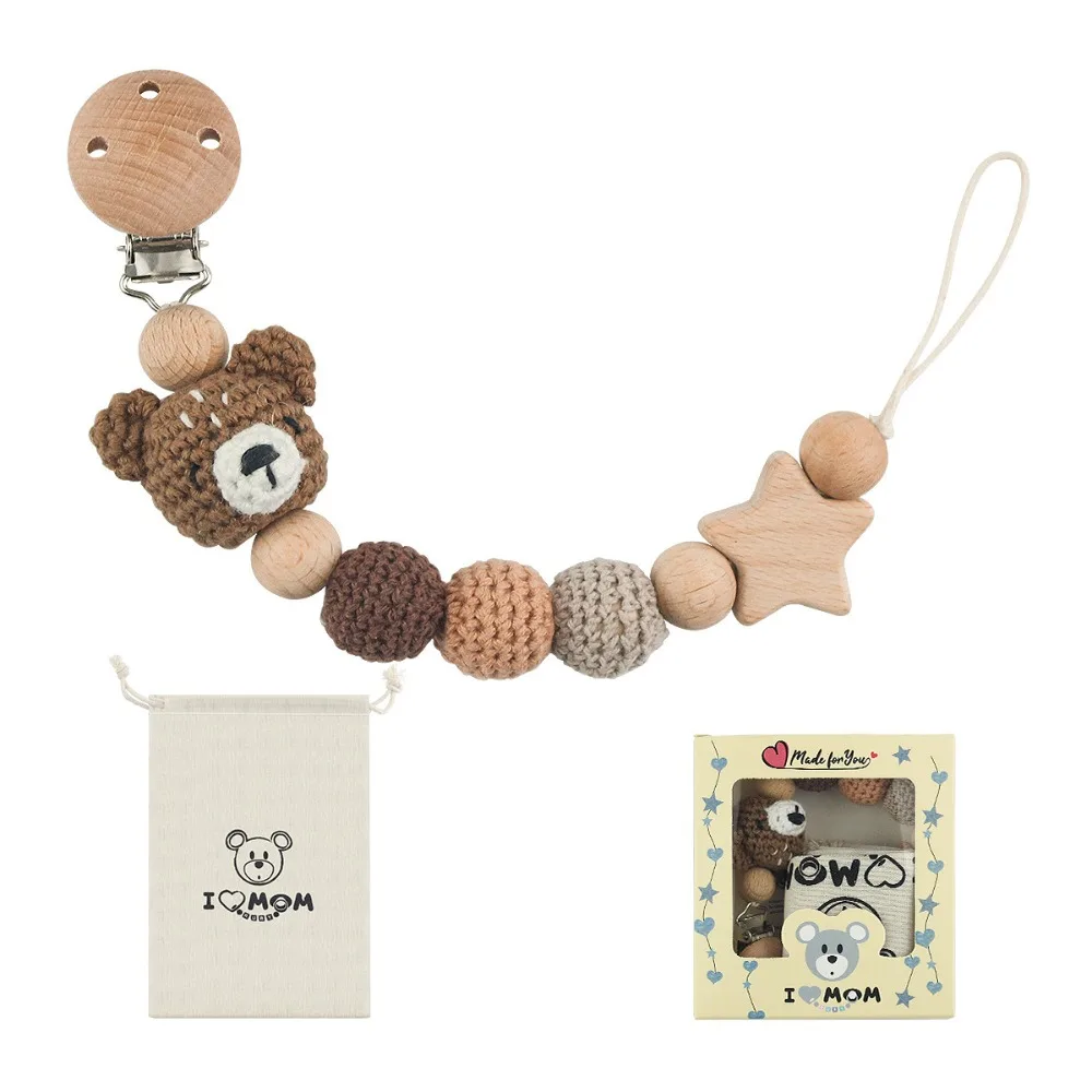 Baby Houten Fopspeen Clip Hout Gehaakt Cartoon Tandjes Fopspeen Ketting Voor Bpa Vrije Verpleging Kauw Speelgoed Baby Dummy Houder Ketting