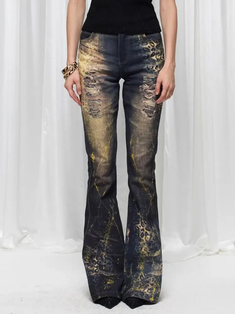 

Осень 2022, винтажные расклешенные джинсы Goblin Core Abi в стиле гранж, кибер-панк, леопардовый принт, уличная одежда, Y2k, японские джинсовые брюки в стиле Харадзюку