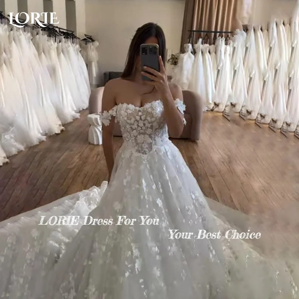 

LORIE Vintage Lace Shiny Wedding Dresses Off Shoulder3D Flowers Bridal Gowns Appliques Long Sleeve Corset Bride Dress Customized