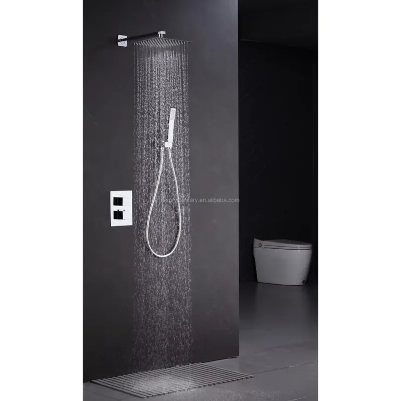 Overhead Blackened Trim Kit Square Shower Head and Handle Thermostatic Faucet Set System Bathroom in Wall Mount Rainfall Taps