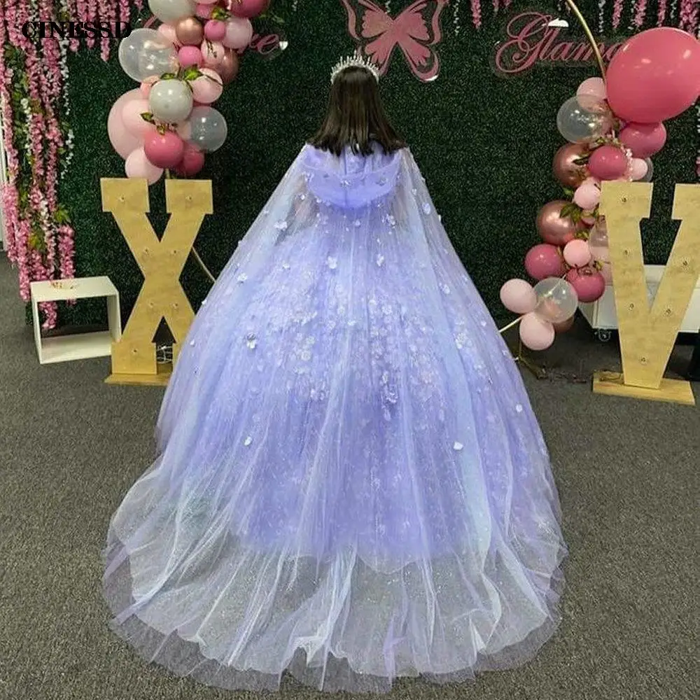 Vestidos de quinceañera con flores de encaje Floral de cristal lavanda, vestido de baile con capa, corsé de hombros descubiertos para fiesta de 15 niñas dulces