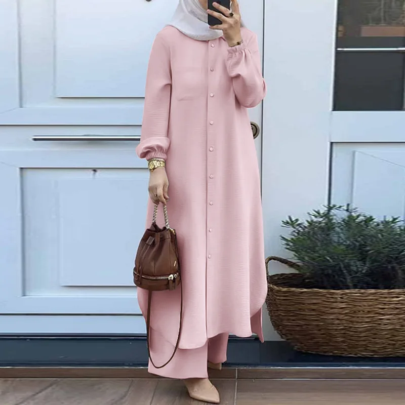 Frühling Langarm solide lange Hemd Hose passt muslimischen Ramadan Outfits Abaya Urban Trainings anzug 2 Stück Frauen muslimischen Sets