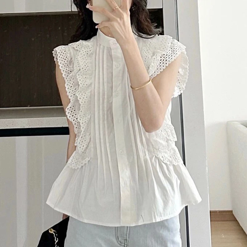 Summer New Flying Sleeve White Shirts Women Vintage Sleeveless Ruffled Lace Blouse For Woman Elegant Casual Sweet Tops  27709