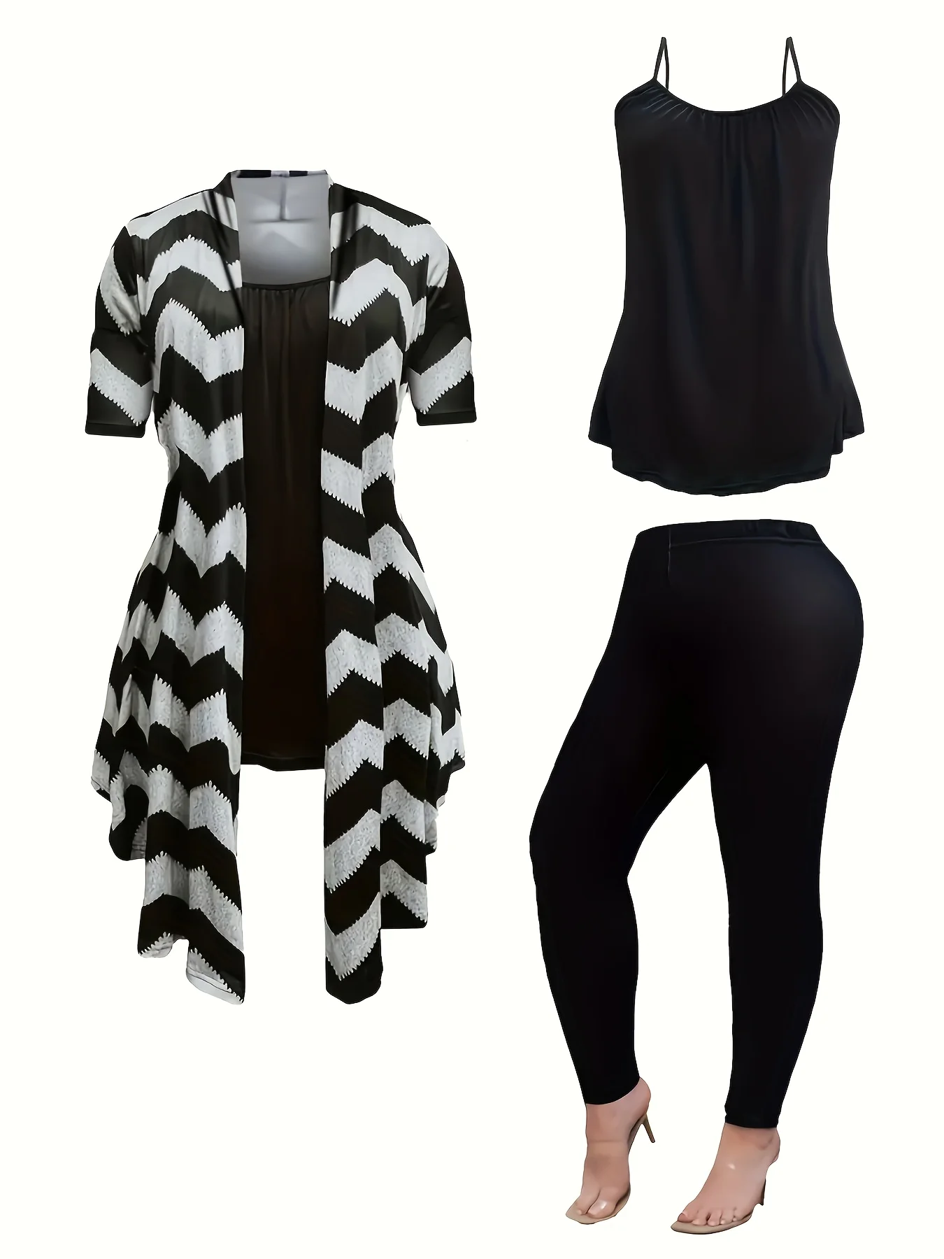 

Women's Plus Size Casual 3-Piece Set - Wavy Short Sleeve Jacket, Tank Top, and Leggings - Stylish and Comfortable