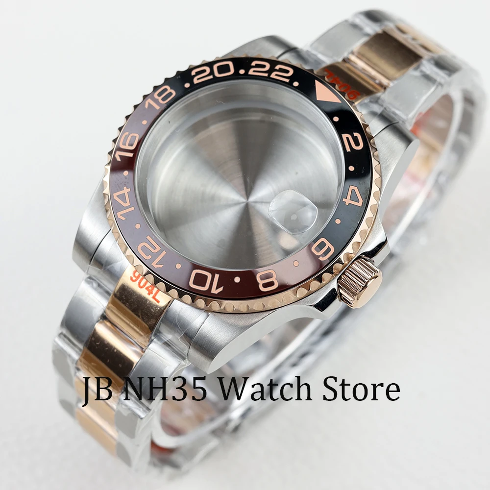 40mm rose gold NH35 watch case ceramic bezel sapphire glass stainless steel polish oyster strap fit NH35 NH36 28.5mm dial gmt