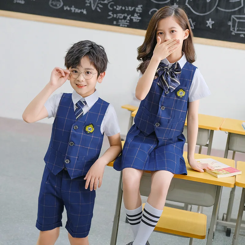 Boys Girls Summer Vest Pants/Skirt 2pcs Suits Twins British Style Plaid School Uniform Kids Chorus Piano Performance Dress