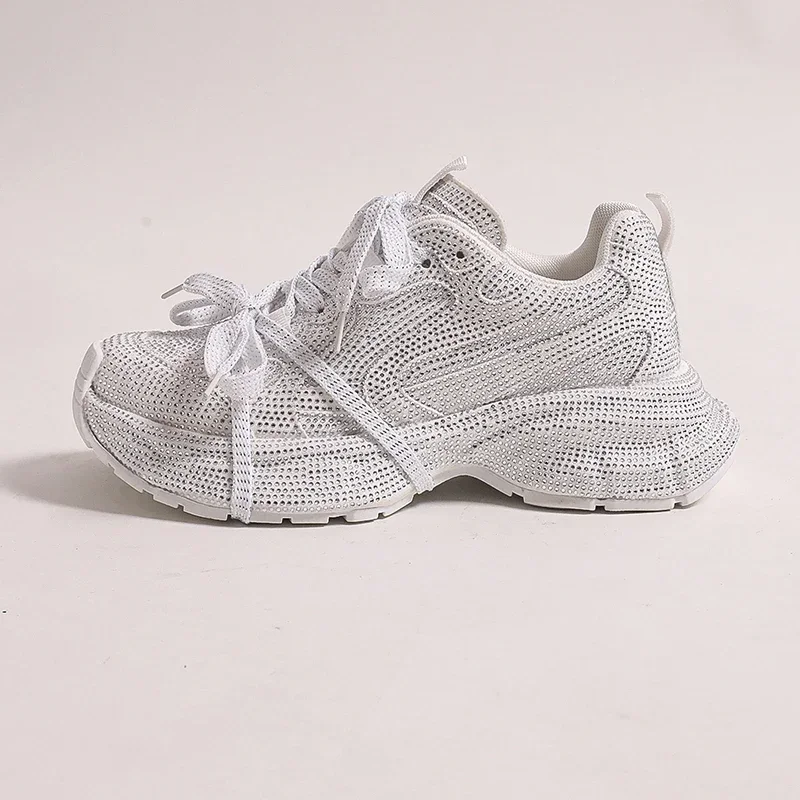 5cm Genuine Leather Rhinestone Bling Chunky Sneakers Spring Autumn Rubber Soles Breathable Platform Wedge Women Fashion Shoes