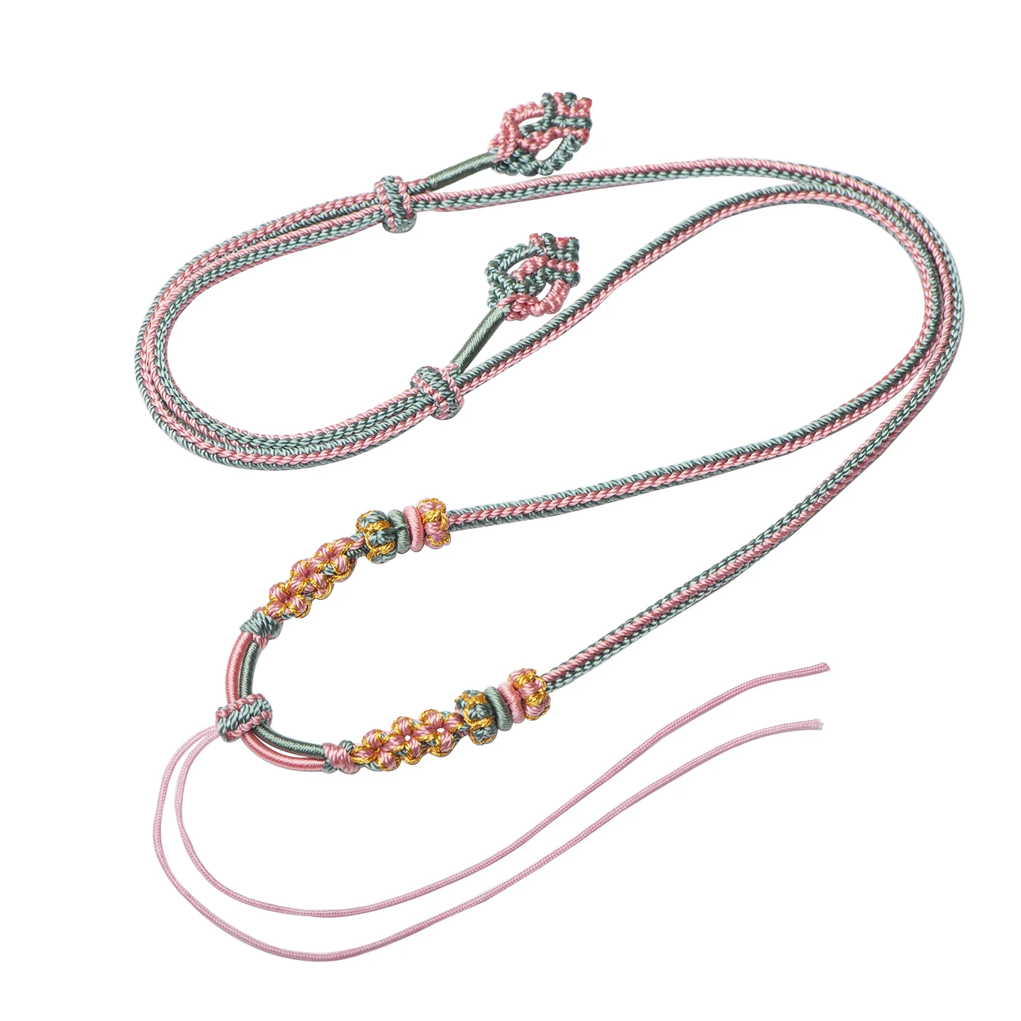 حبل مجدول يدويًا بثماني خيوط مع عقدة زهرة الخوخ، حبل للقلادات مع قلادات من اليشم والذهب والكهرمان، حبل تعليق بأسلوب عرقي
