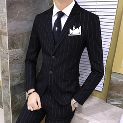 Men Gray Classic Striped/Checked Suits, Business Office 3 Piece, Asian Size Slim Fit Men Dress Jacket & Pants with Vest, S-4XL