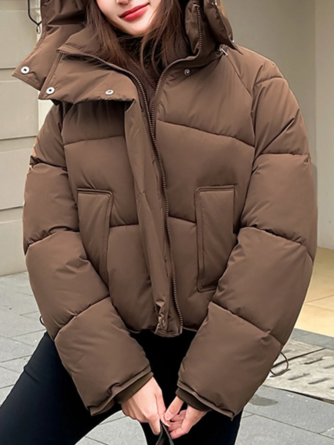 Women's Long Sleeve Hooded down Coat K-Fashion Solid Color Casual Autumn Winter Regular Fit Cotton Jacket