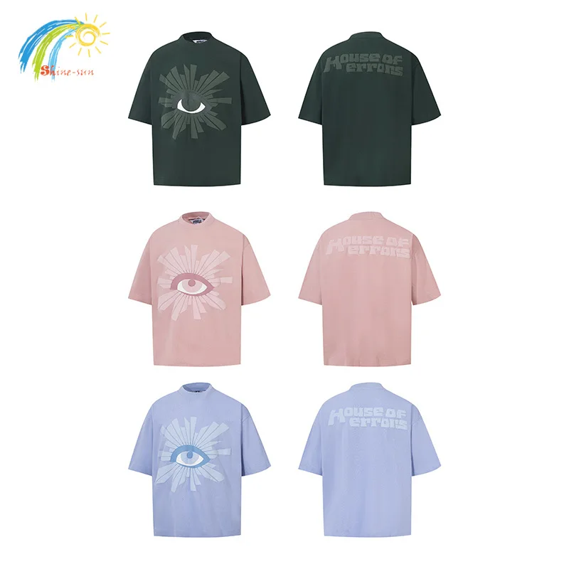 Summer Streetwear Oversized Pink Light Purple Dark Green T-Shirt Men Women 1:1 Tag Eye Print HOUSE OF ERRORS T Shirt Tee Tops