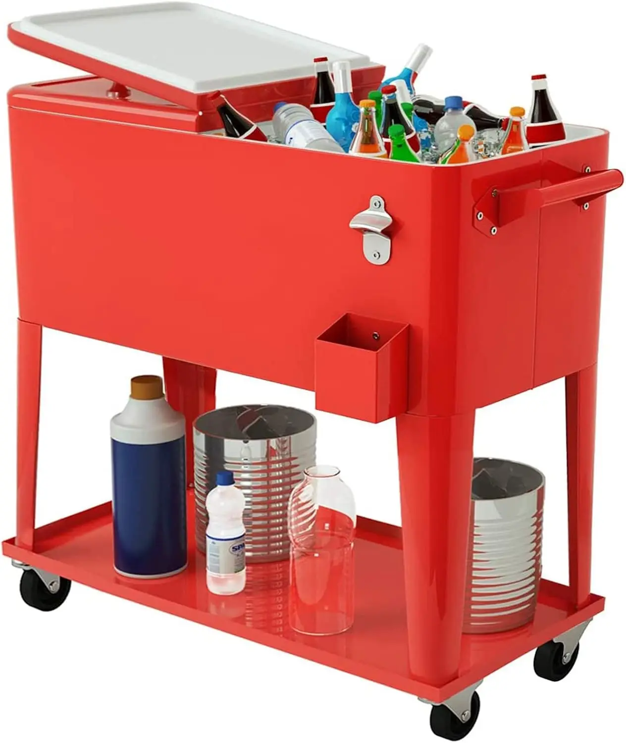 80 Quart Rolling Patio Ice Chest Cooler Cart with Bottom Storage Shelf, Drain, Lockable Wheels, Bottle Opener and Cap Catcher, Outdoor Insulated Beverage Cooler for Poolside, Backyard, BBQ and Parties