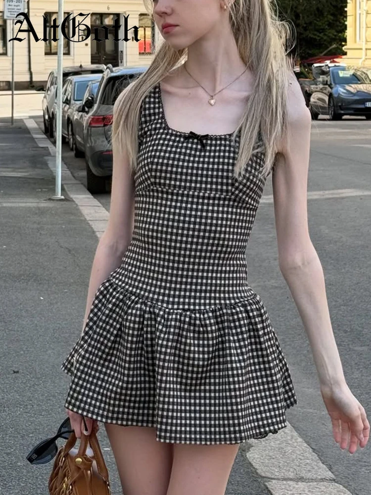 

AltGoth French Chic Cute Plaid Dress Women Fairycore Grunge Aesthetic Pastel Goth Bow Patchwork Square Collar Sleeveless Dress