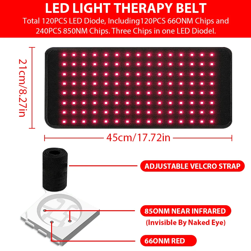 Kırmızı ve Kızılötesi Terapi 120 Adet LED Kırmızı Işık Kemeri 660nm ve 850nm Kızılötesi Işık Terapi Pedi Vücut Rölyef bakımı Yorgunluk Derin Terapi