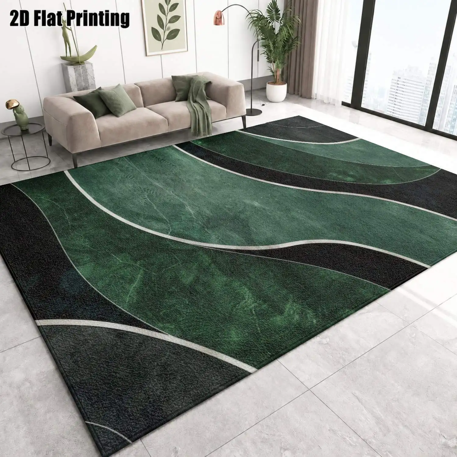 1Pc 2D Printed Deep Green Wave Geometric Nordic Minimalist Instagram-Style Machine-Washable Carpet, Multi-Size for Entrance, Dining, Foyer, Bedroom, Living Room Home Decor