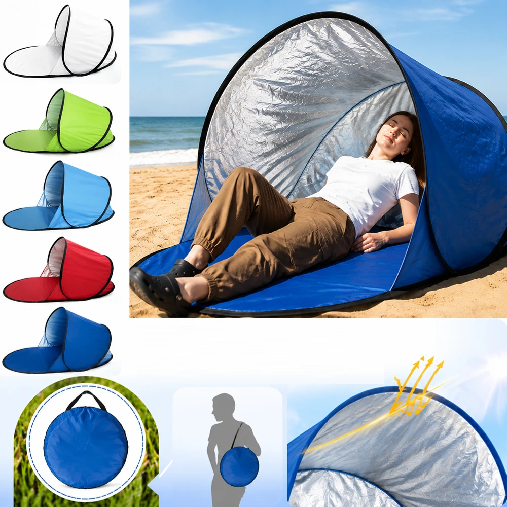 Tente de plage pop-up UPF50+ avec protection UV, revêtement argenté, abri solaire portable ultra léger pour 1 personne, camping en plein air, pêche