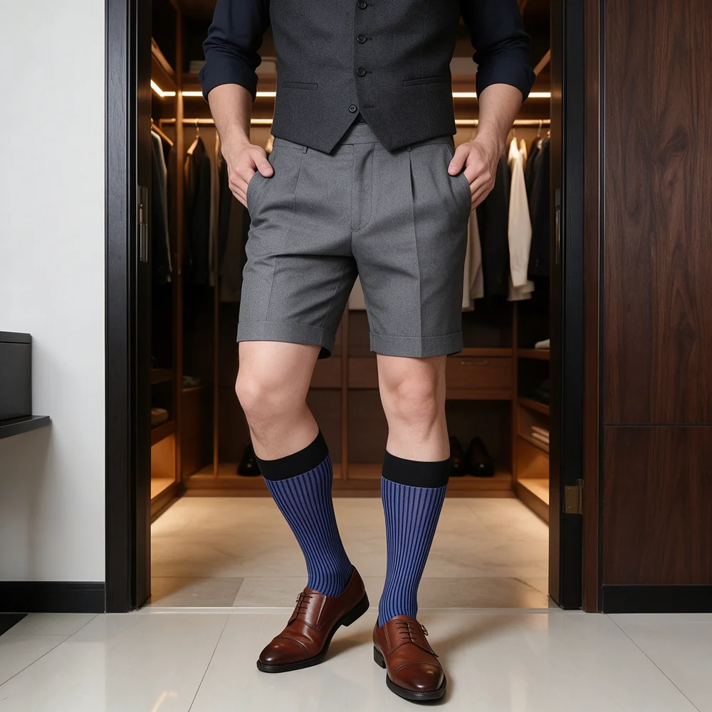 Men's Sheer Dress Socks Blue Black Vertical Striped Mid Calf Silky Thin Business Formal Socks for Suit Office Wedding
