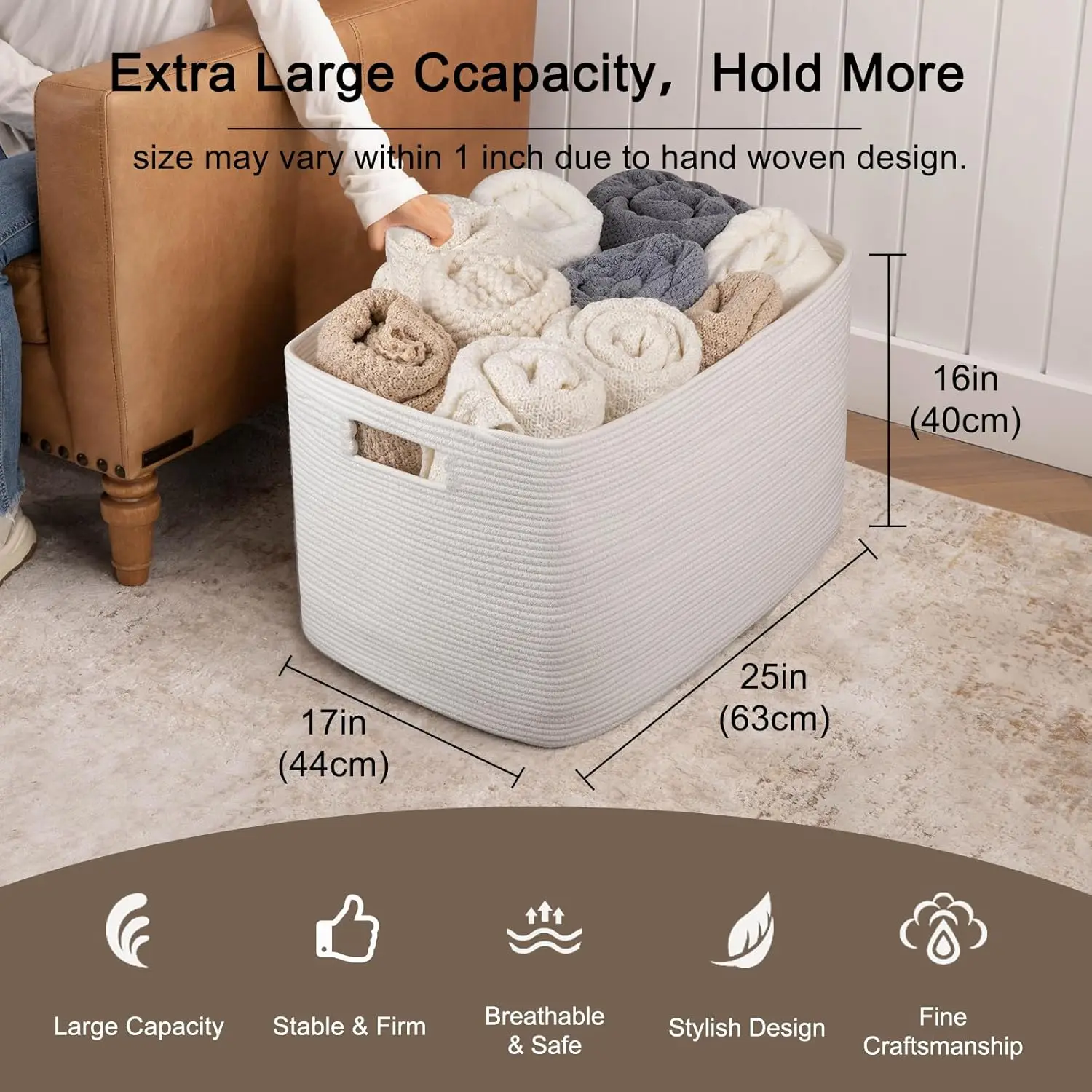 

Oiahomy 118L Xxxlarge Cotton Rope Storage Basket, Oversized Blanket Basket, Used For Organizing Dirty Clothes In Living Room,