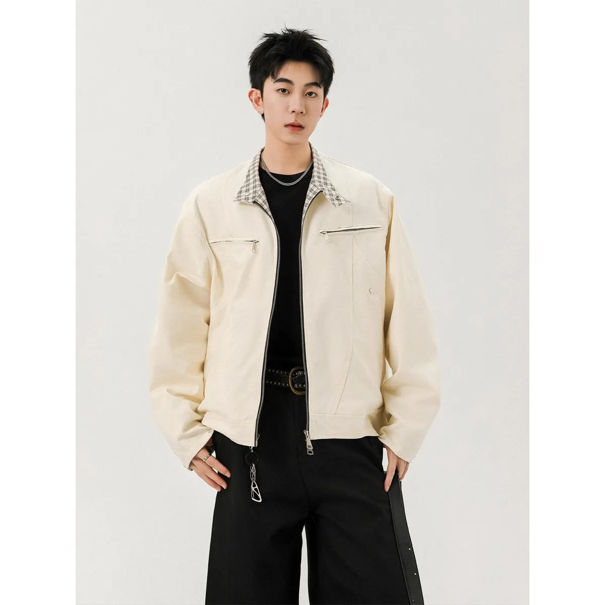 

Factory American-Style Plaid Stand-Up Collar Harrington Jacket For Men, Trendy High Street Retro Cool Short Workwear