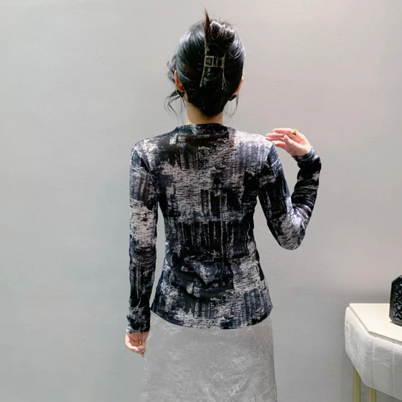 #8678 Spring Summer Tie Dye Printed Mesh T Shirt Women Long Sleeve Streetwear Perspective Tee Shirt Femme Thin Sexy Irregular