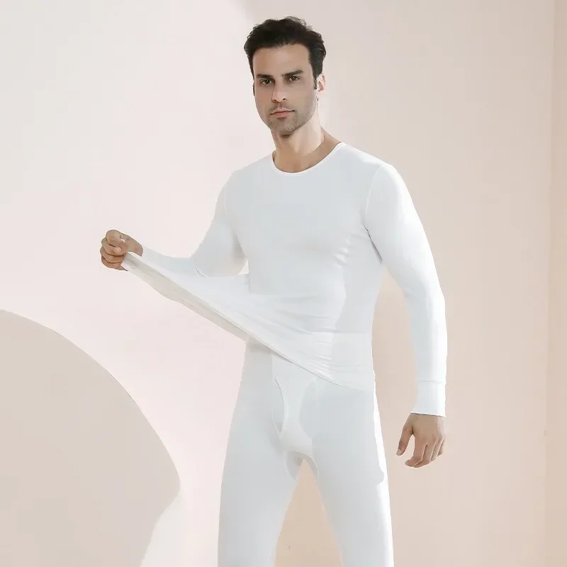 Men Soft Thermal Underwear Autumn Winter Long Sleeve Bottoming Top Seamless Thick Warm Lingerie Male 2 Pcs Set Sleepwear 2024