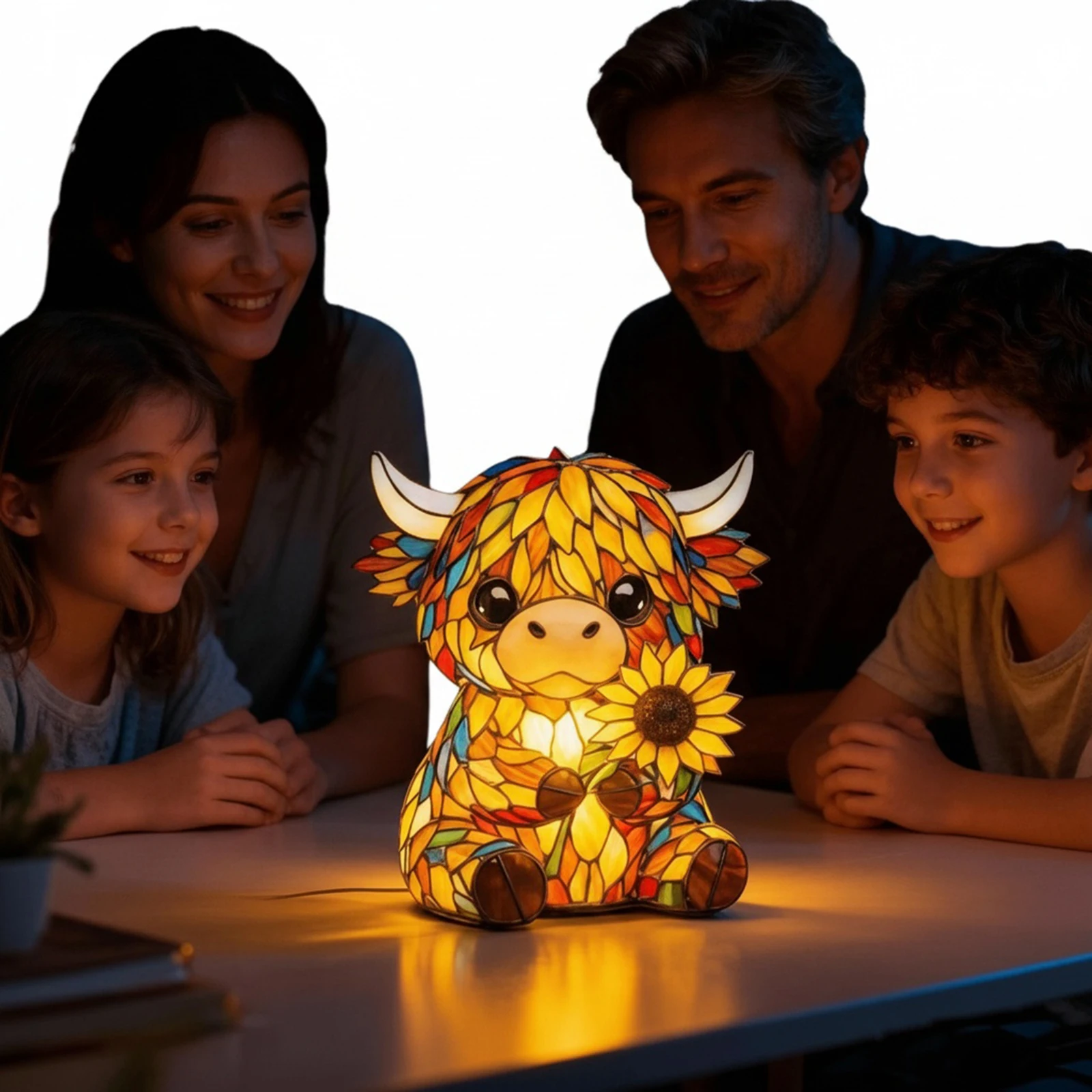 LED 3D Animal Night Lamps USB Sunflower Highland Cow Table Lamp Handcrafted Stained Glass Night Light for Living Room Desk Decor