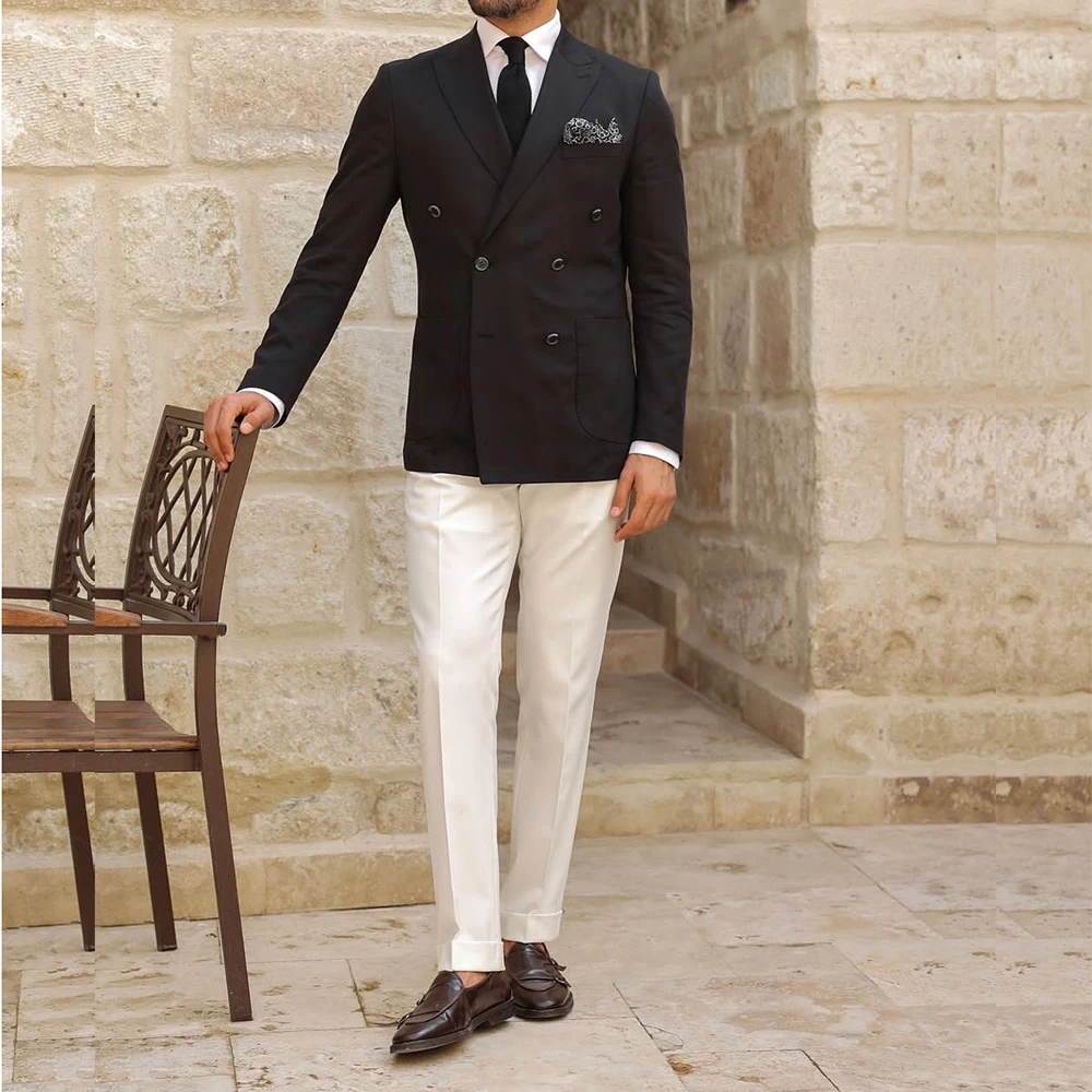 

2024 2 Piece Jacket White Pants Men's Suits Black Double Breasted Blazer Slim Fit Wedding Male Clothing Outfits Costume Homme