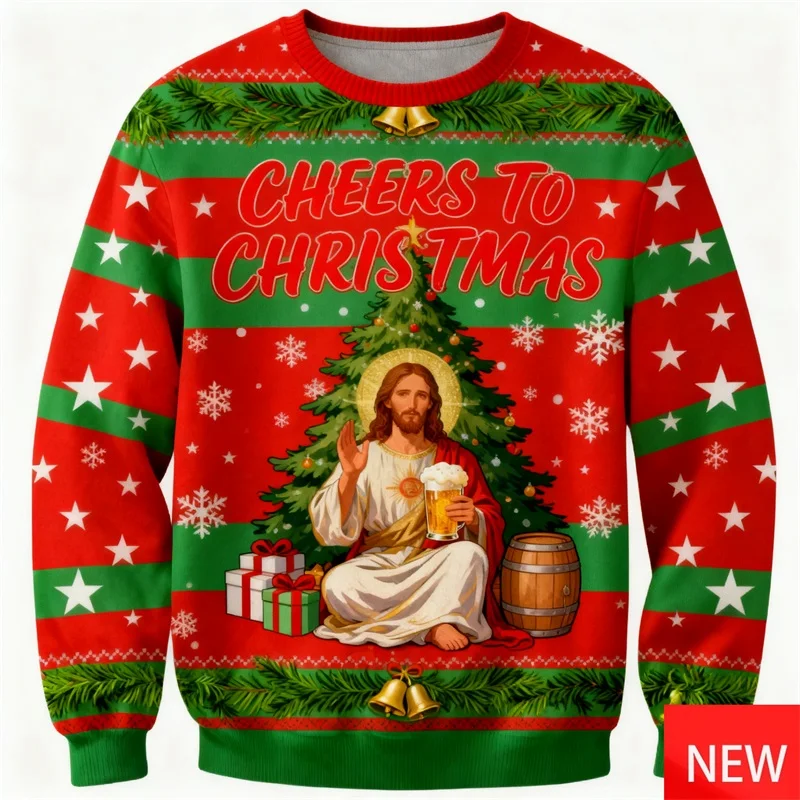

3d Print Funny Jesus Drinks Beer Ugly Sweater For Men Women Merry Christmas Round Neck Pullover Sweatershirt Xmas Party Clothes