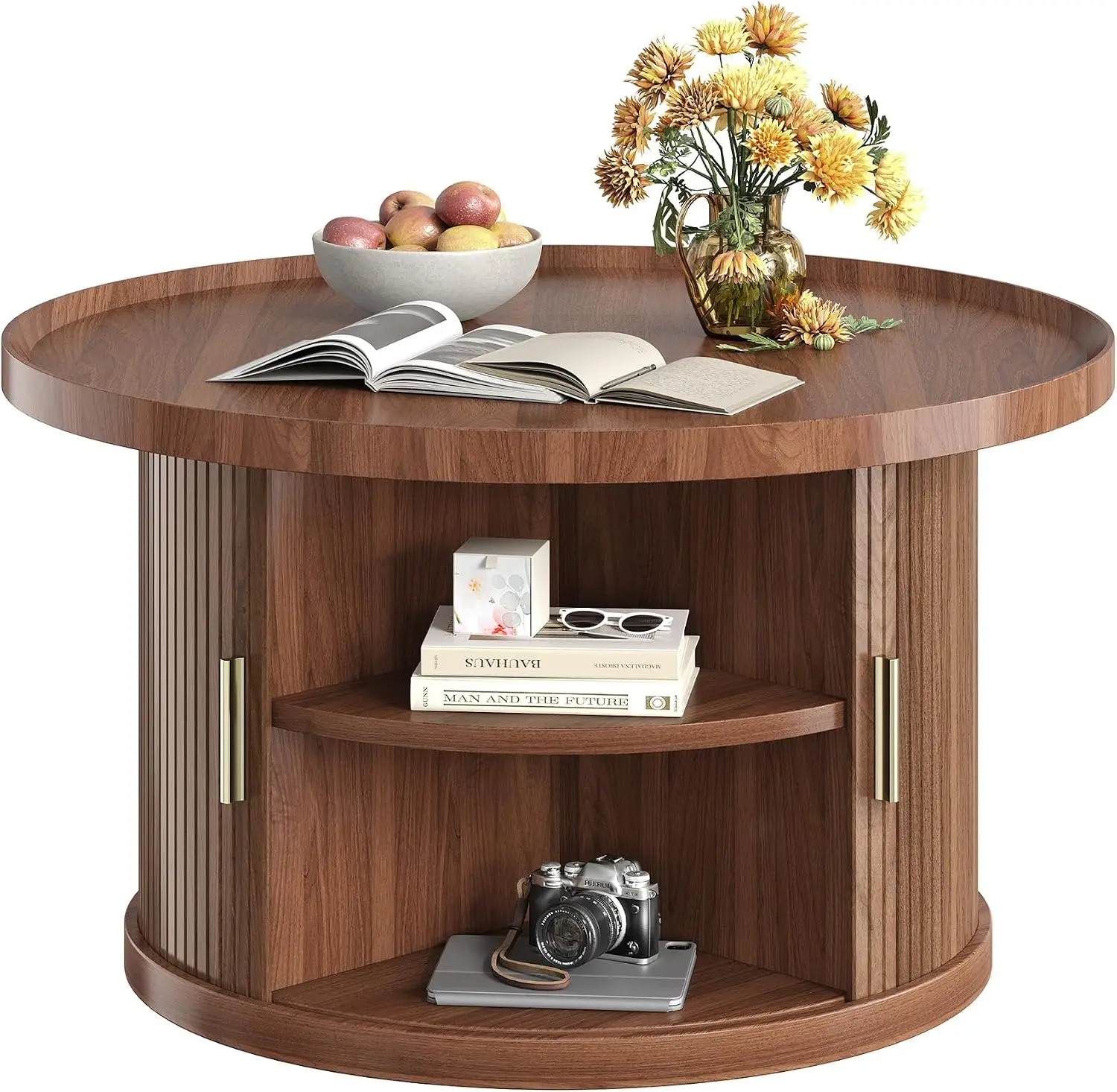 Round Coffee Table, Living Room Center Table Organizer With Sliding Tambour Door, Mid Century Modern Accent Storage Unit For Small Space Apartment, Fluted Design, Walnut Finish