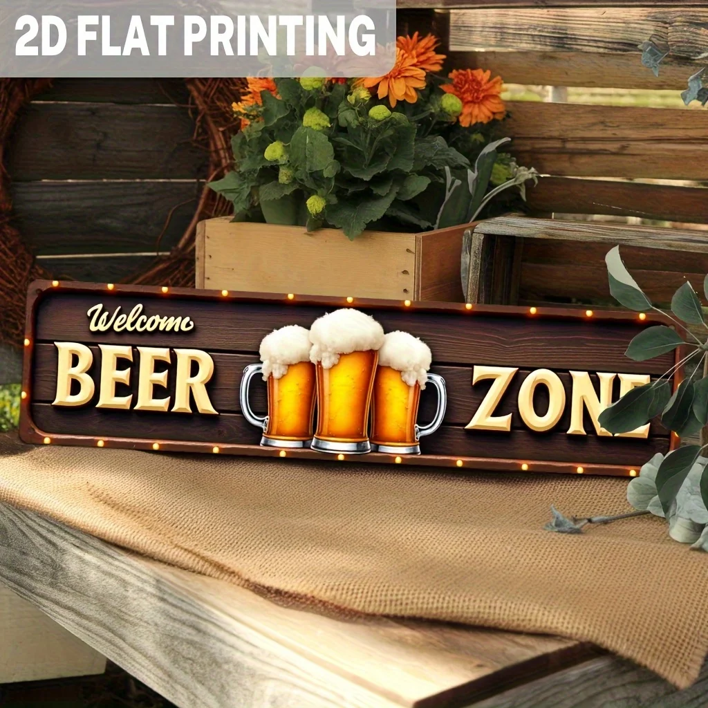 2D Flat Printing, 1pc Country Style 'Welcome to Beer Zone' Metal Sign- 2D Flat Beer Mug Design Retro Style Wall Decoration