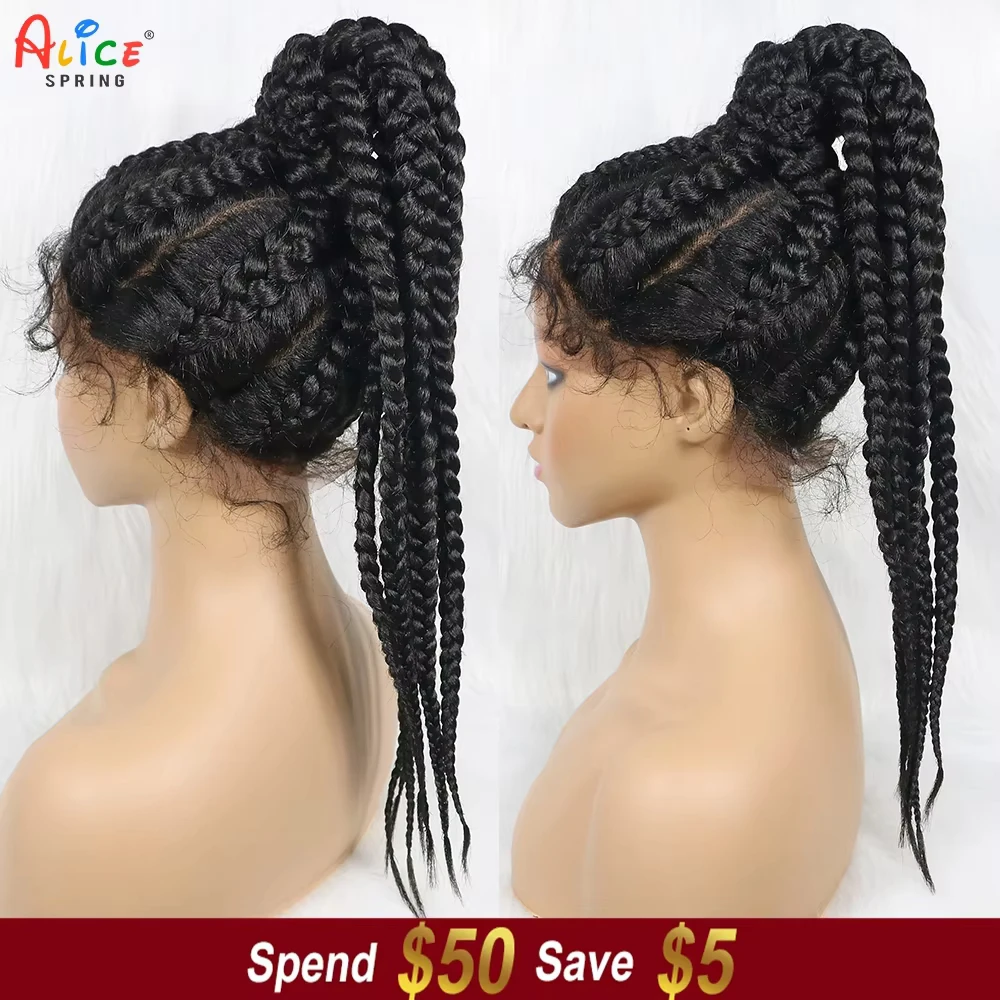 22inches Synthetic Lace Frontal Braided Wigs with Baby Hair Colorful Cornrow High Ponytail Braided Lace Wigs for Black Women