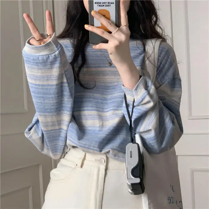 New 2024 Southeast Asian College Style Loose Fit Long Sleeve round Neck Women's T-shirt Korean Version Striped Base Shirt