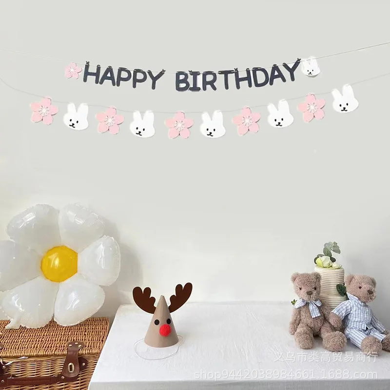 

INS Cute Rabbit Flower Happy Birthday Pull Flag Birthday Baby Full Moon Baby Shower Party Backgrounds Hanging Garland Decoration