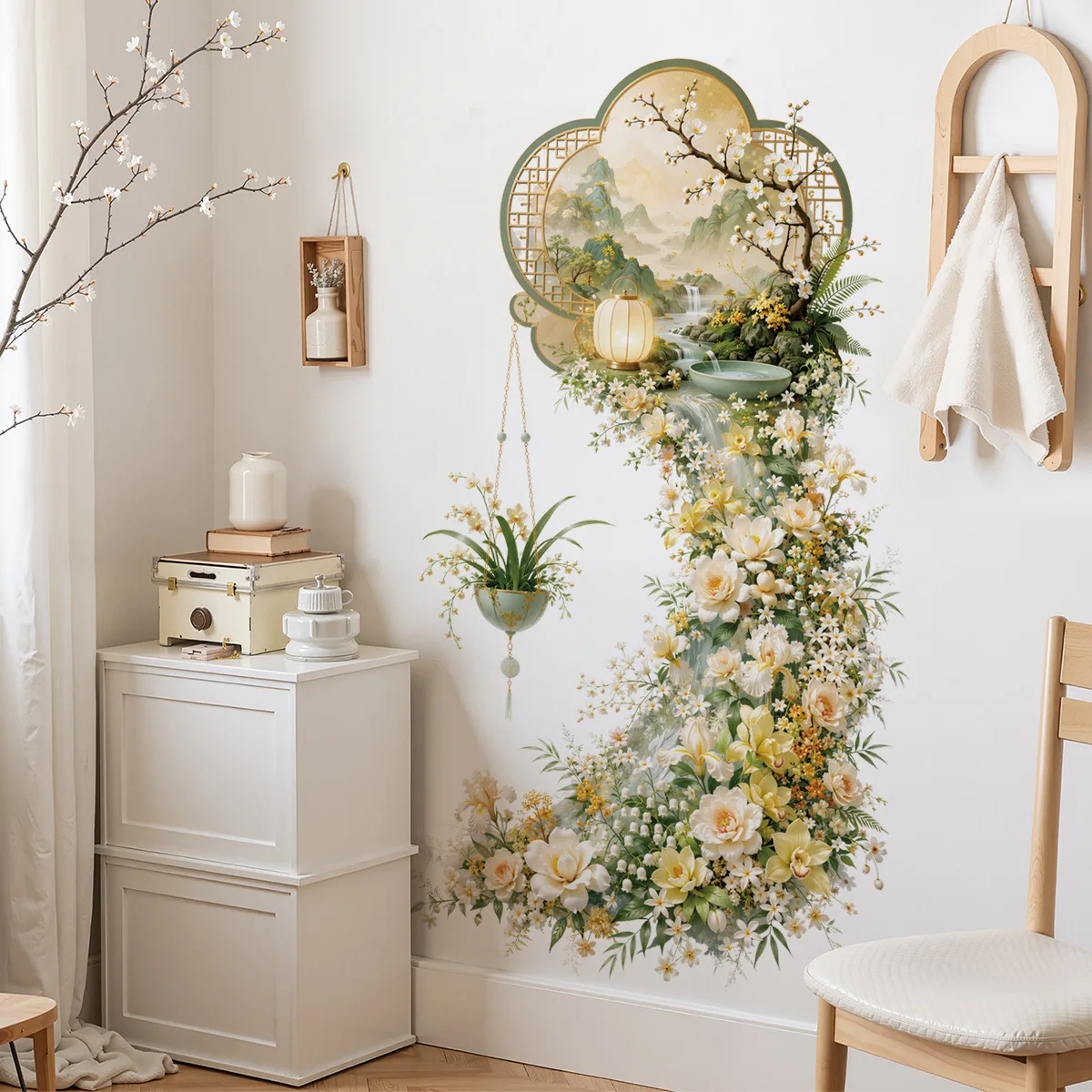 Chinese‑Style Daylily Floral Corner Wall Sticker, Waterfall Flower Wall Decal for Living Room Bedroom Background Home Art Decor