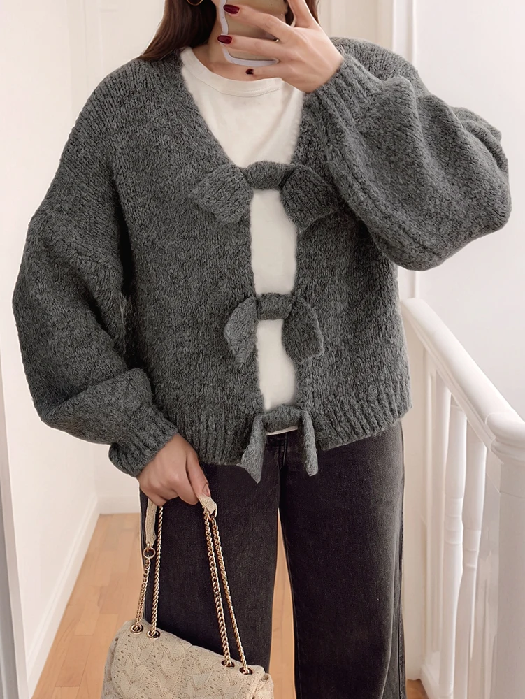

2025 Autumn and Winter New Women Solid Color Bow Cardigan Casual Home Office Warm Autumn and Winter Best Choice