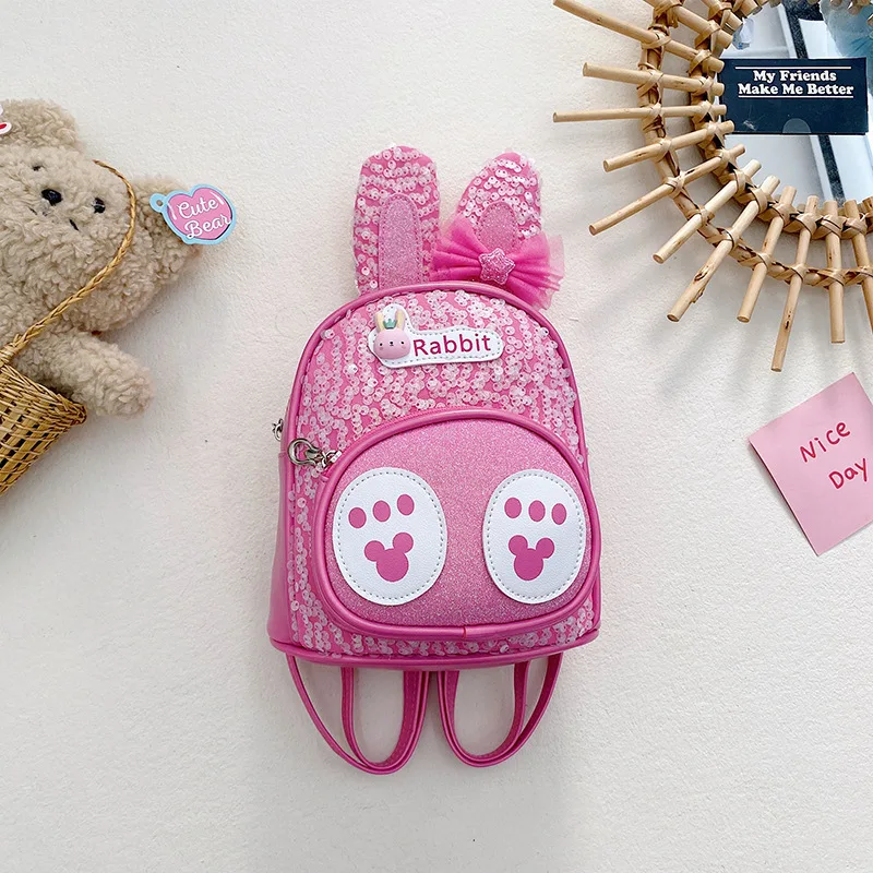 New Children\'s Bag With Cute And Fashionable Rabbit Ears PU Glitter Cartoon Children\'s Backpack