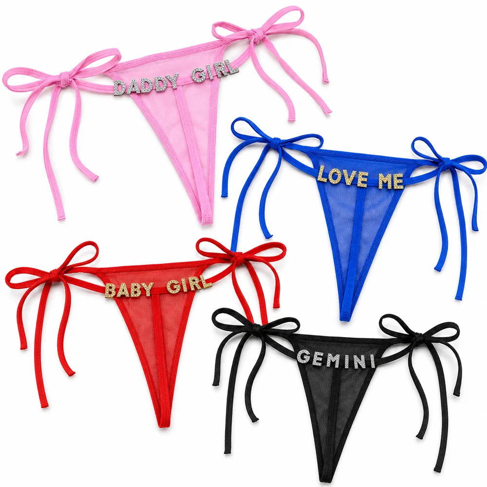 Custom Crystal Letter Thong Panties for Women Personalized Name Side Tie Mesh Underwear Gold Silver Rhinestone Gift
