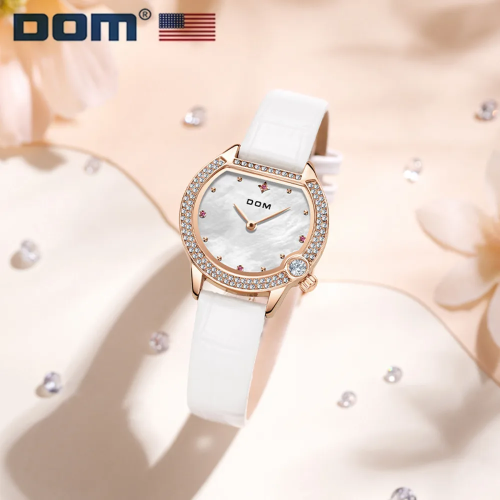 

DOM 1529 Women's Quartz Watch Casual Fashion Style White Leather Diamond Wristwatches Ladies For Watches Girls Gift